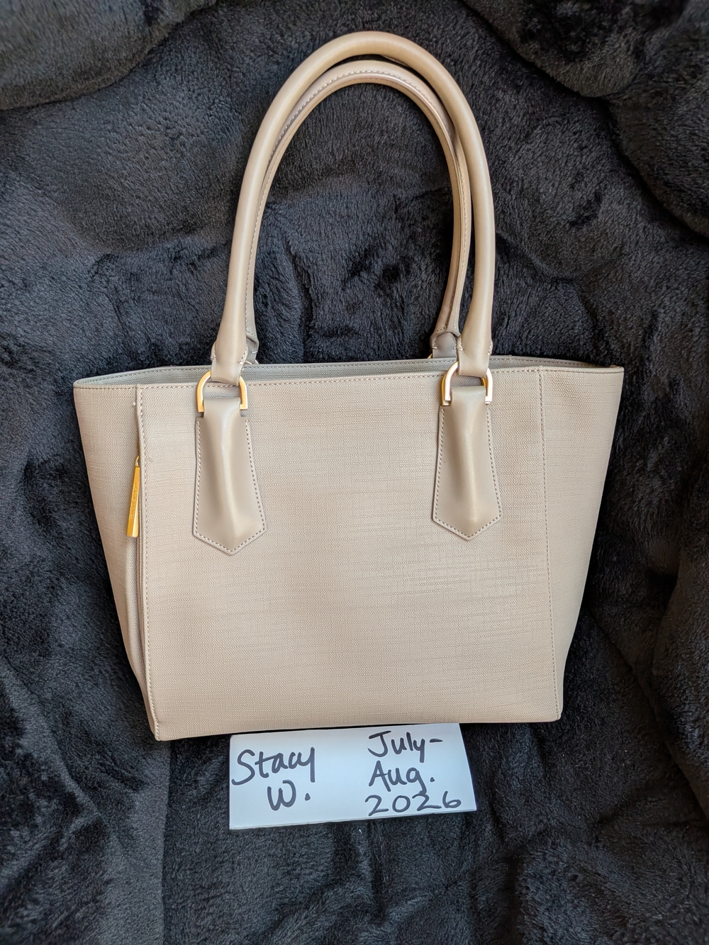 Dagne Dover Neutral Beige Structured Tote with Gold Accents